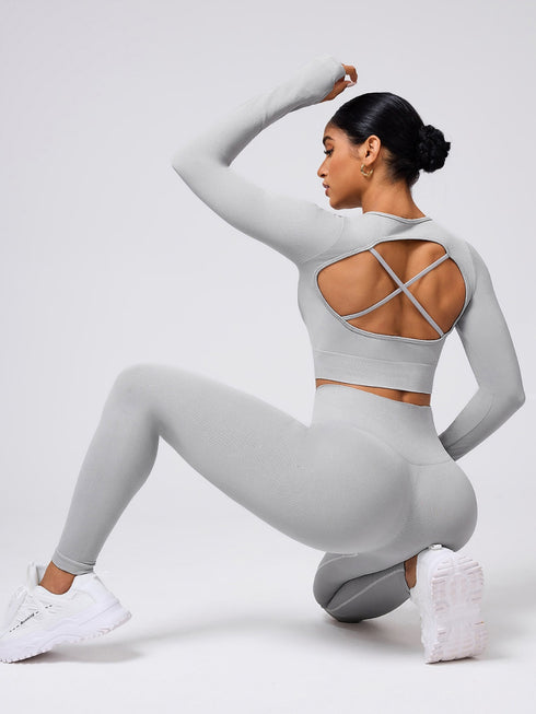 Back Crisscross Round Neck Long Sleeve Top and Leggings Active Set - Odaingerous